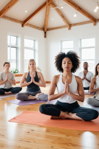 Diverse group of people practicing yoga together in a peaceful studio environment for philosophy section