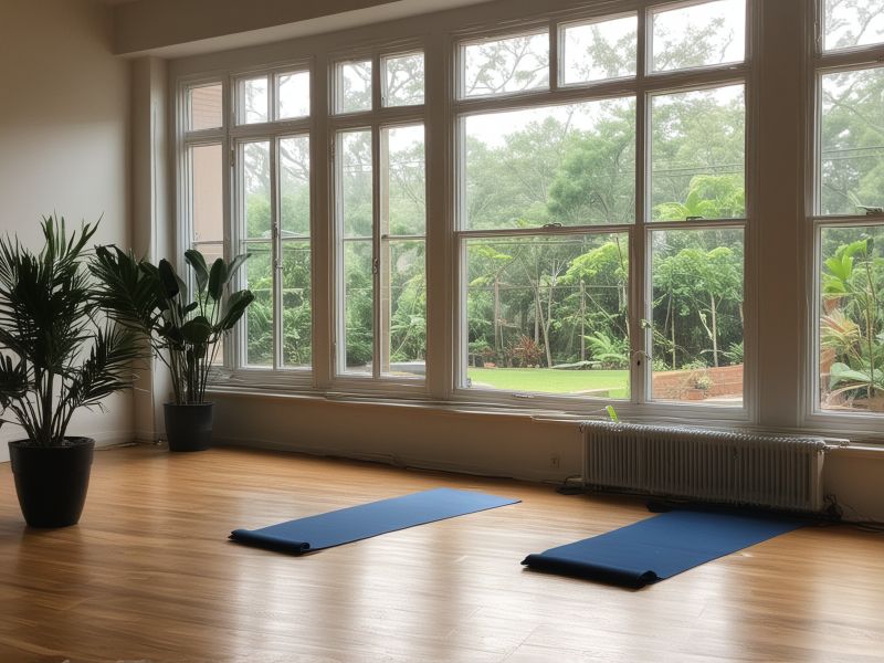Serene yoga studio space with natural lighting, plants, and peaceful atmosphere for about section
