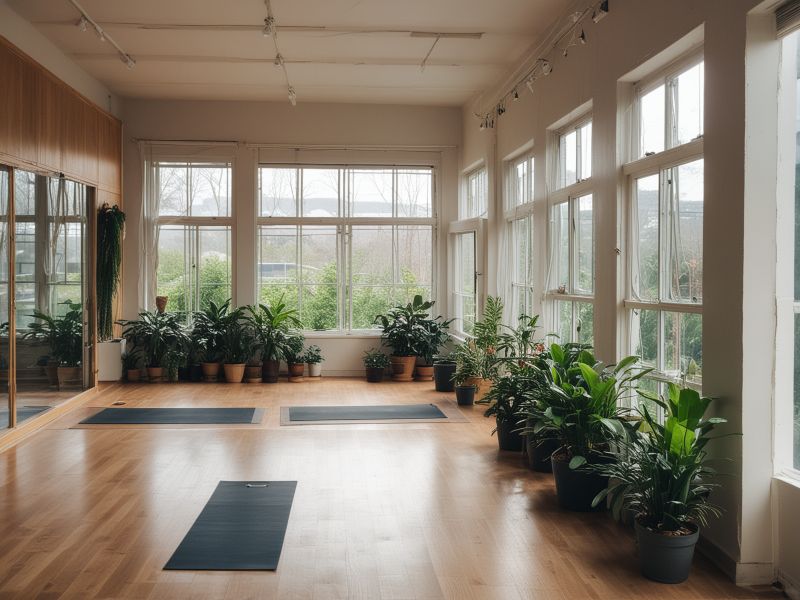 Peaceful yoga studio interior with natural lighting and plants for about section