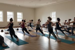 Yoga practice in a heated room with students in various challenging poses